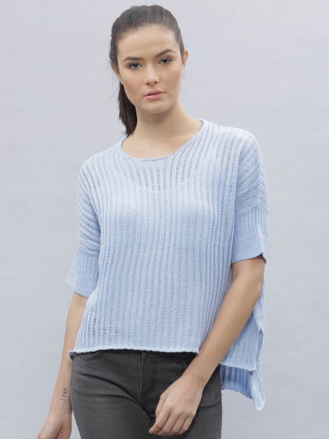 

ether Women Blue Self-Design High-Low Hem Sweater