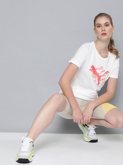 

Puma Women White & Rust Red Printed Round Neck Sakura T-shirt