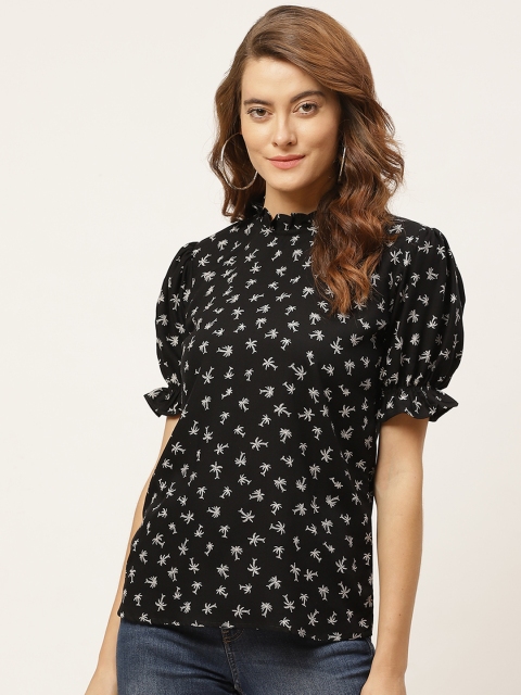 

One Femme Black & White Floral Printed Puff Sleeves Monochrome Regular Top