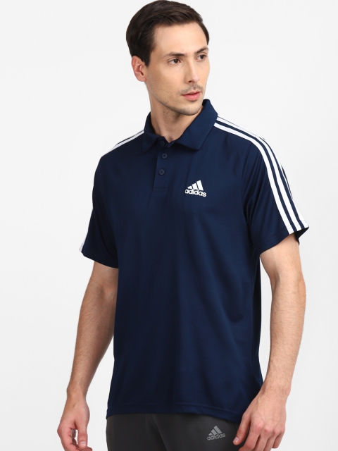 

ADIDAS Men Navy Blue Polo Collar M 3S PS Solid T-shirt with Side Stripes