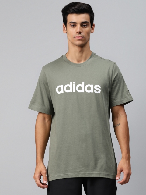 

ADIDAS Men Olive Green & White Essentials Logo Printed Pure Cotton T-shirt