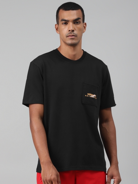 

ADIDAS Originals Men Black Adventure Pocket Logo Solid Pure Cotton T-Shirt