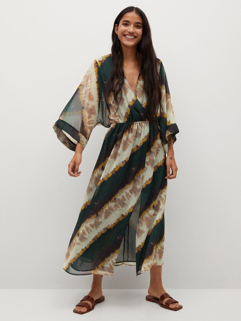 

MANGO Women Recycled Polyester Green & Mustard Yellow Printed Wrap Dress