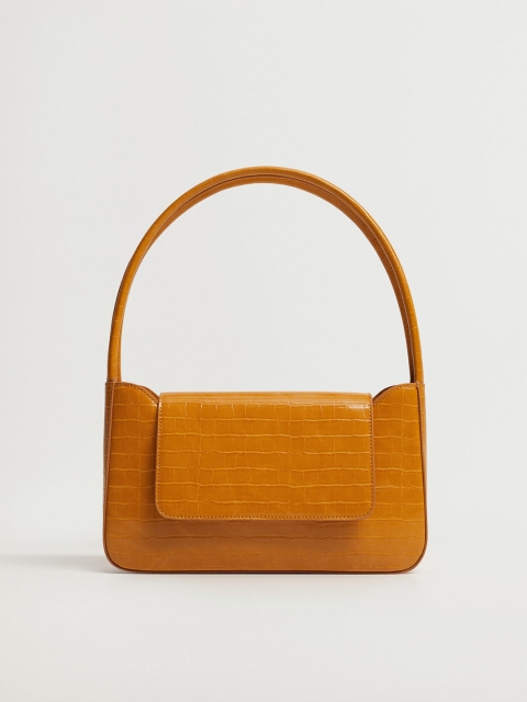 

MANGO Mustard Yellow Croc Textured Baguette Shoulder Bag