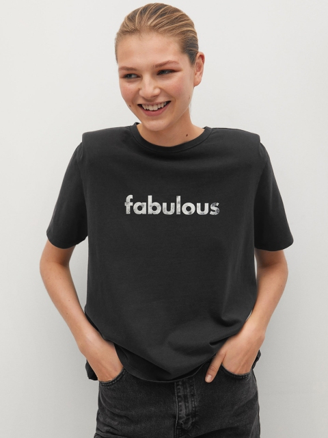 

MANGO Women Black Organic Cotton Printed Round Neck T-shirt