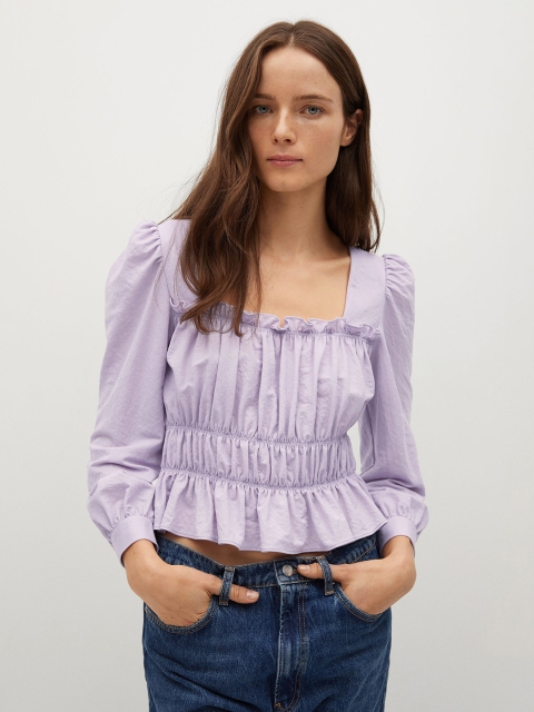 

Mango Purple Self Design Smocked Cinched Waist Sustainable Top