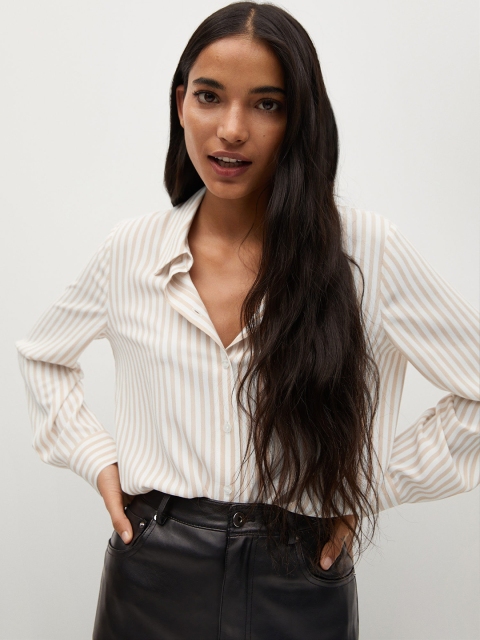 

MANGO Women White & Beige Regular Fit Striped Casual Sustainable Shirt