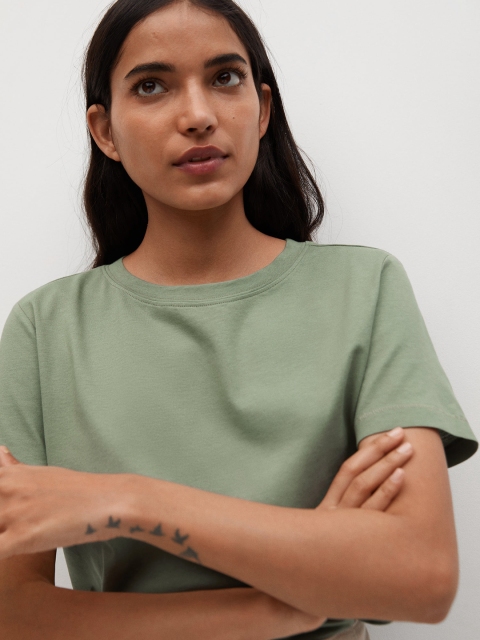 

MANGO Women Green Solid Round Neck Organic Cotton T-shirt