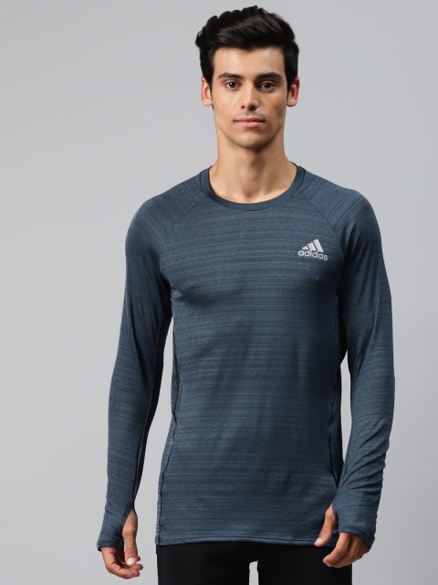 

ADIDAS Men Blue & Black Self-Striped Long Sleeves Running Sportswear T-shirt
