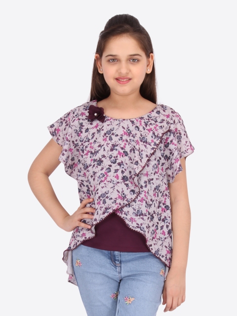 

CUTECUMBER Peach-Coloured Floral Printed Flutter Sleeves Georgette Wrap Top