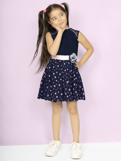 

Naughty Ninos Girls Navy Blue & Pink Printed Fit and Flare Dress