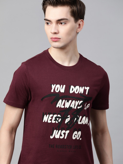 

Roadster Men Maroon White Typography Printed Pure Cotton T-shirt