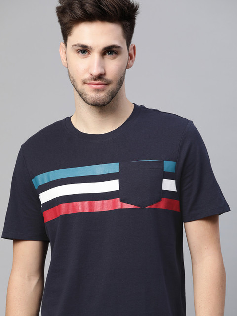 

Roadster Men Navy Blue & White Pure Cotton Striped T-shirt