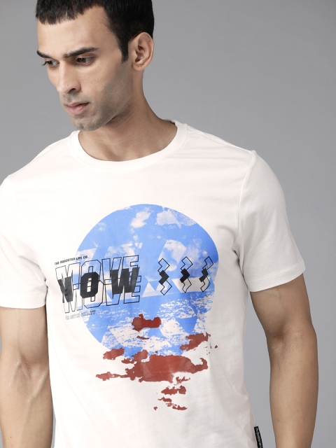 

Roadster Men White Blue Pure Cotton Printed Pure Cotton T-shirt, Off white