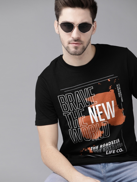 

Roadster Men Black White Typography Print Round Neck Pure Cotton T-shirt