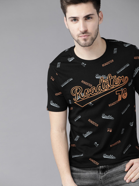 

Roadster Men Black & Orange Brand Logo Print Applique Cotton T-shirt