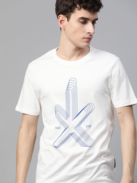 

Roadster Men White Blue Pure Cotton Brand Logo Printed Pure Cotton T-shirt