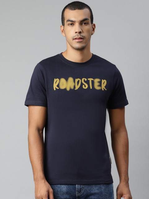

Roadster Men Navy Blue & Yellow Pure Cotton Printed Round Neck T-shirt