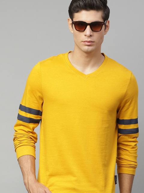 

Roadster Men Mustard Yellow Pure Cotton V-Neck T-shirt