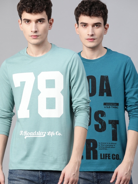 

Roadster Men Pack of 2 Pure Cotton Printed Round Neck T-shirts, Blue