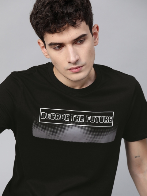 

Roadster Men Black White Typography Printed Pure Cotton T-shirt