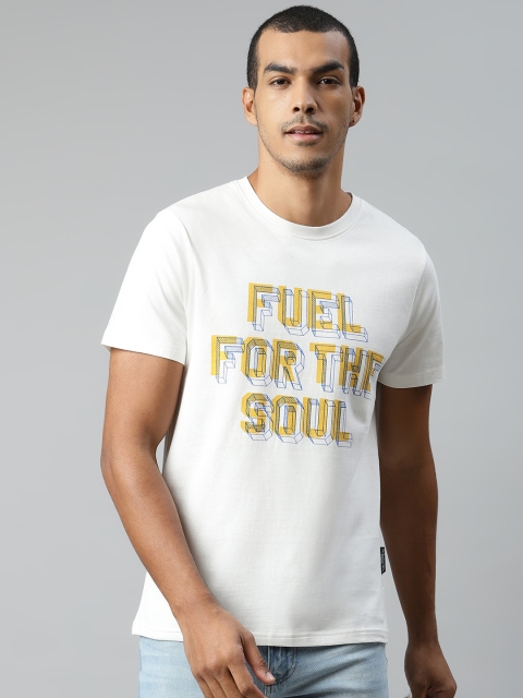 

Roadster Men White & Yellow Pure Cotton Printed Round Neck T-shirt
