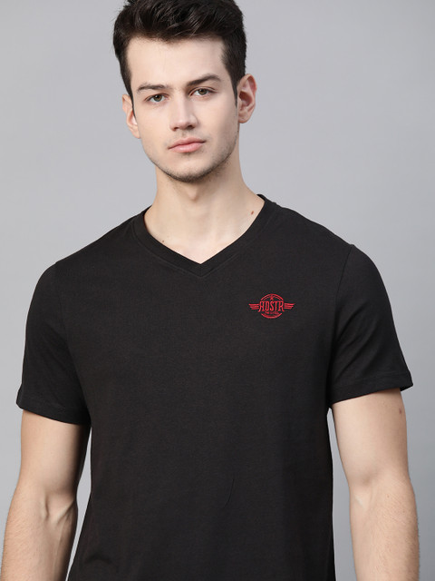 

Roadster Men Black Brand Logo V-Neck Pure Cotton T-shirt