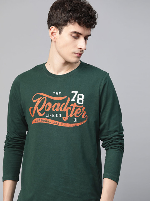 

Roadster Men Green Brand Logo Printed Pure Cotton T-shirt