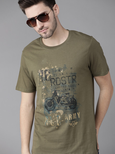 

Roadster Men Olive Green & Blue Cotton Printed T-shirt