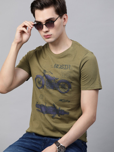 

Roadster Men Olive Green & Navy Blue Biker Printed Pure Cotton T-shirt