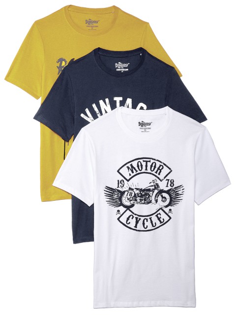 

Roadster Men Pack of 3 Pure Cotton Round Neck Printed T-Shirts, Navy blue