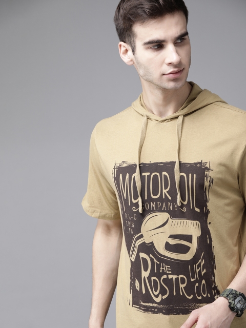 

Roadster Men Khaki & Charcoal Biker Print Cotton Hooded T-shirt