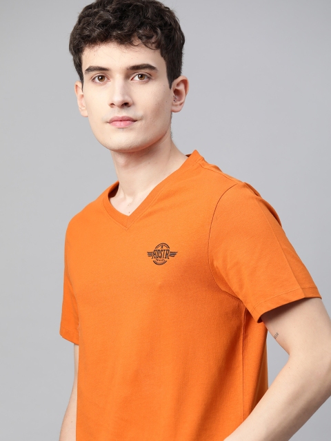 

Roadster Men Orange Brand Logo V-Neck Pure Cotton T-shirt