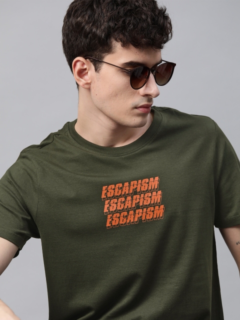 

Roadster Men Olive Green & Orange Typography Print Pure Cotton T-shirt