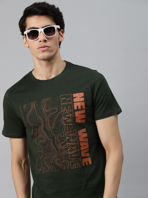 

Roadster Men Green & Orange Printed Pure Cotton T-shirt