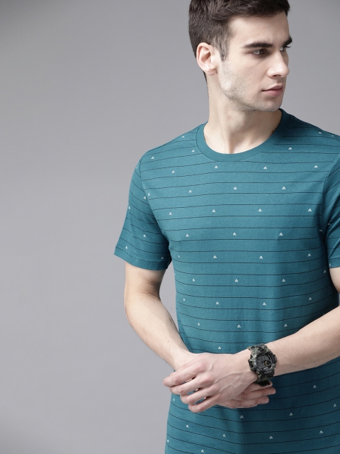 

Roadster Men Teal Black Pure Cotton Striped Pure Cotton T-shirt
