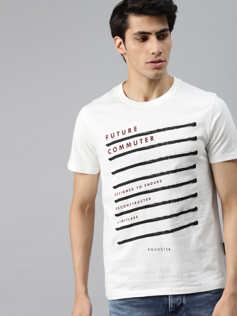 

Roadster Men Off White & Black Pure Cotton Striped T-shirt