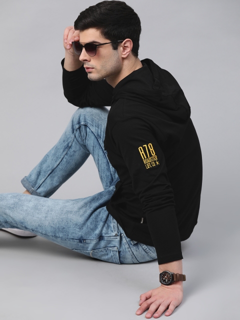 

Roadster Men Black Pure Cotton Solid Hooded T-shirt