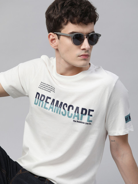 

Roadster Men White Blue Typography Print Pure Cotton T-shirt
