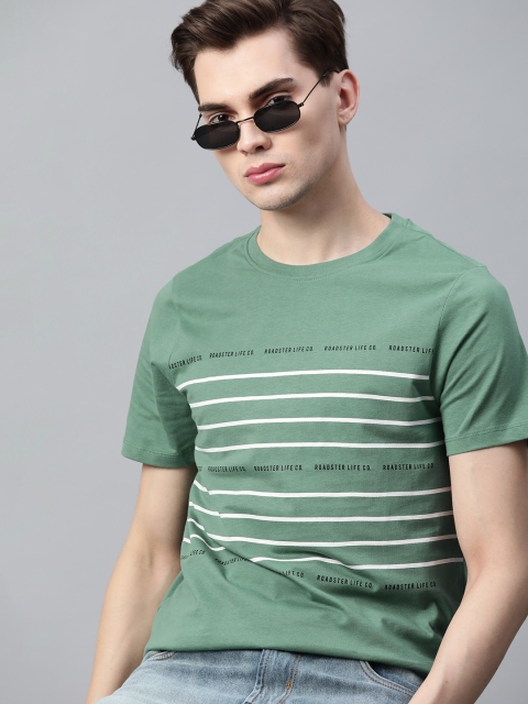 

Roadster Men Green Pure Cotton Striped T-shirt