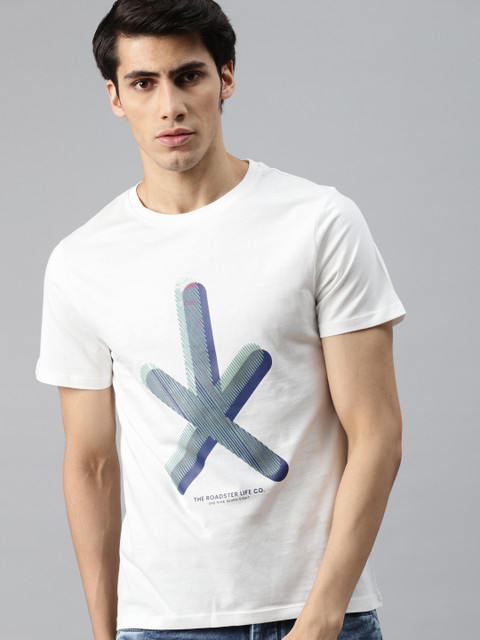 

Roadster Men Off White & Green Pure Cotton Brand Logo Printed T-shirt