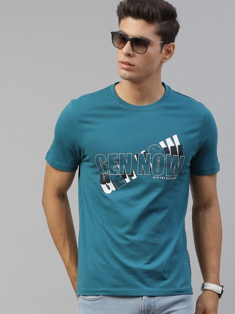 

Roadster Men Teal Blue & White Pure Cotton Printed T-shirt