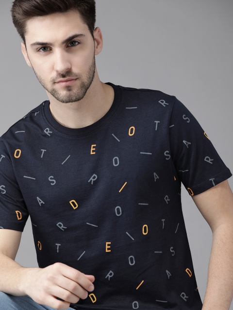 

Roadster Men Navy Blue & Yellow Typography Cotton Printed T-shirt