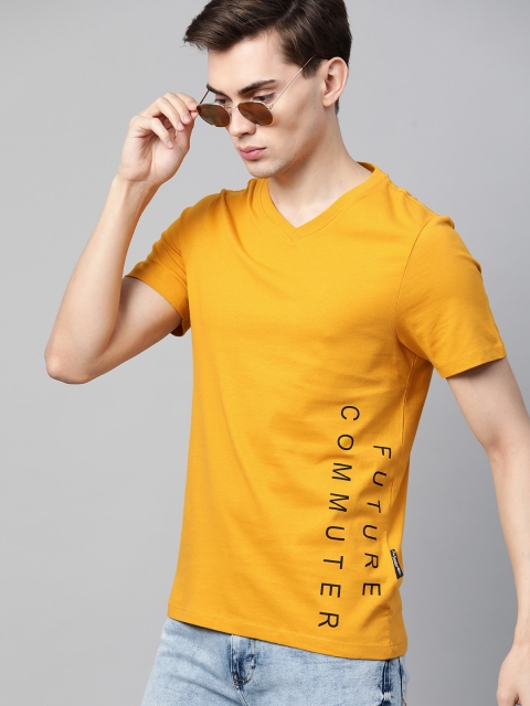 

Roadster Men Mustard Yellow Typography Printed Pure Cotton T-shirt