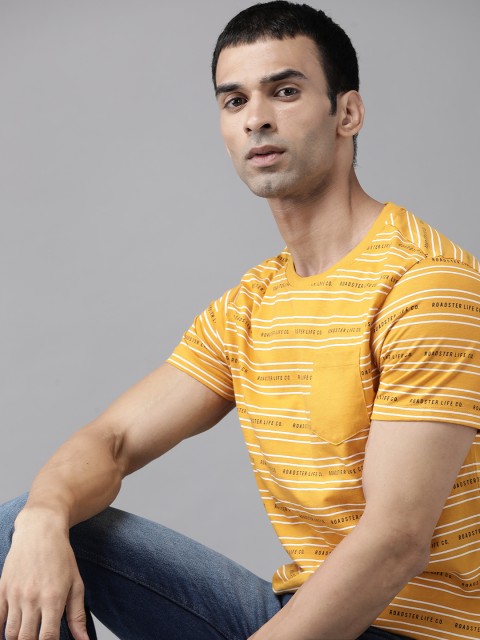 

Roadster Men Yellow White Striped Pure Cotton T-shirt