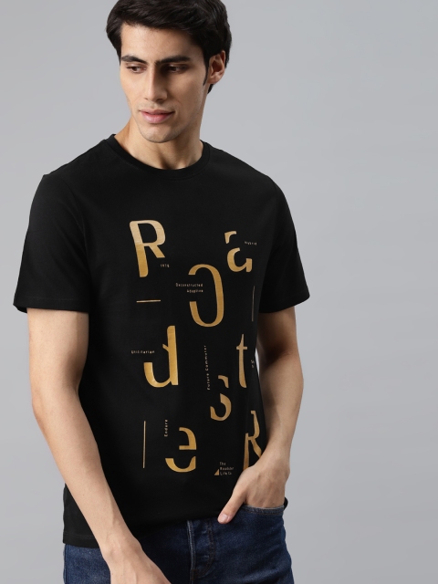 

Roadster Men Black Mustard Yellow Pure Cotton Brand Logo Printed Pure Cotton T-shirt