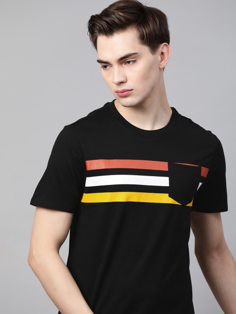 

Roadster Men Black Pure Cotton Striped T-shirt