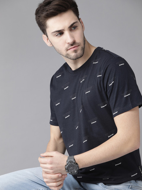 

Roadster Men Navy Blue & White Typography Print Cotton T-shirt