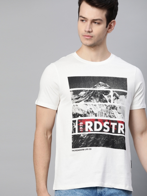 

Roadster Men White & Charcoal Grey Brand Logo Printed Pure Cotton T-shirt