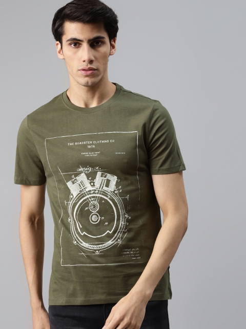 

Roadster Men Olive Green & Off-White Pure Cotton Printed T-shirt